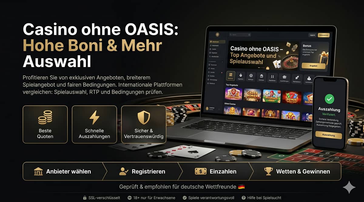 Ein professionelles SEO Hero Banner mit Laptop und Casino-Symbolen zum Thema Casino ohne OASIS.